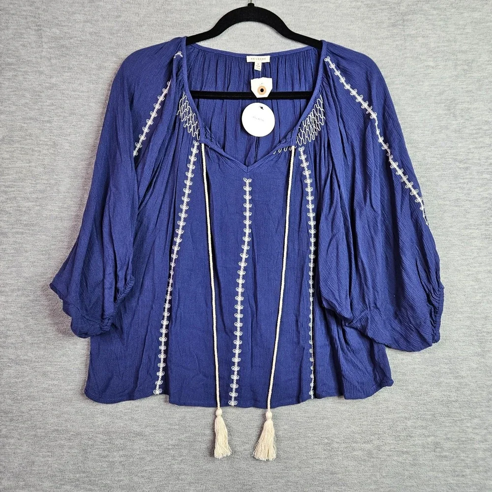En Creme Women Sz S Blue Peasant Blouse Embroidered Tassel Tie Balloon Sleeve